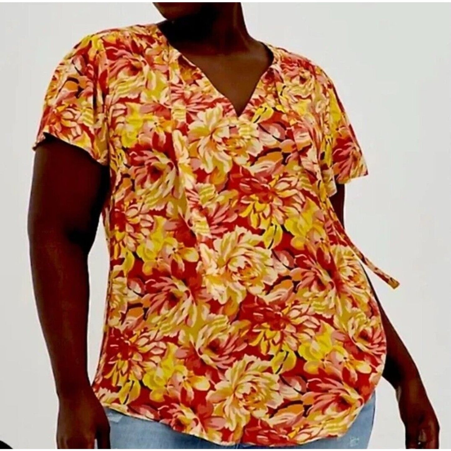 Torrid Blouse Plus Size 2X Gauze Floral Burnt Orange Yellow Short Sleeve