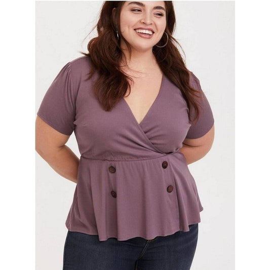 Torrid Babydoll Blouse Plus Size 3X Purple Surplice Buttons Faux Wrap