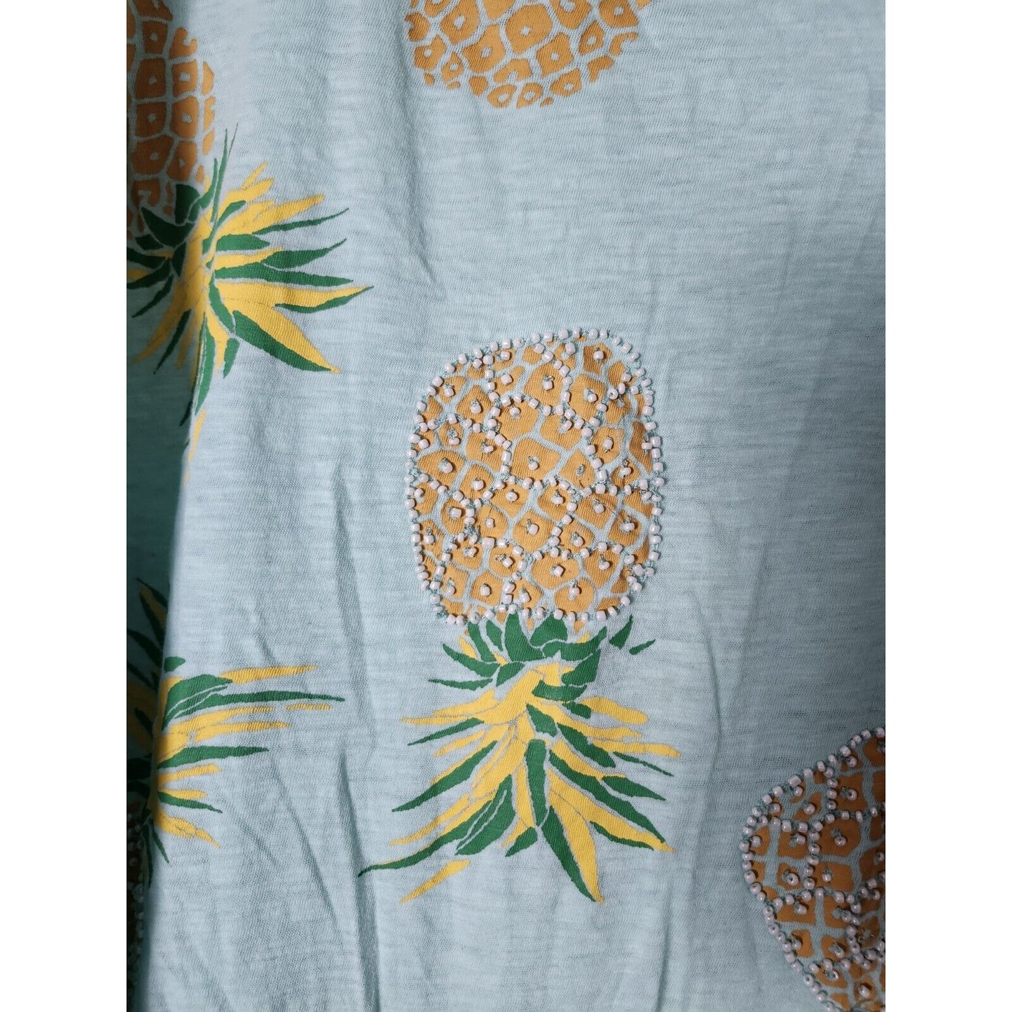 Crown & Ivy T-Shirt Top Plus Size 2X Pineapple Aqua Blue 3/4 Sleeve Beaded