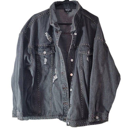 Glitzy Girlz Denim Jacket Gray Studded Distressed Plus Size 5XL