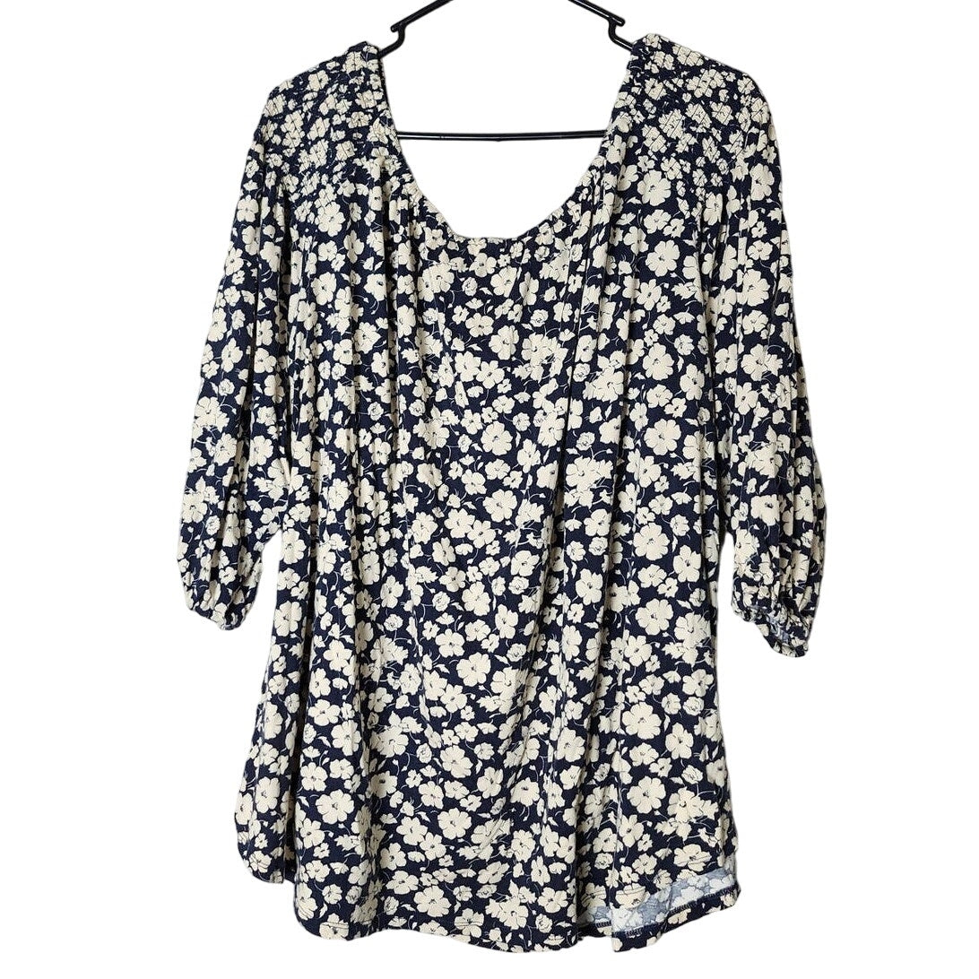 Lauren Ralph Lauren Blouse Top Plus 2X Blue Cream Floral Off Shoulder 3/4 Sleeve