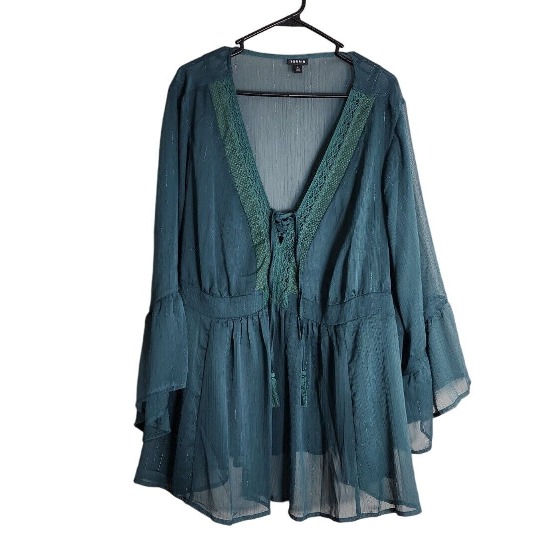 Torrid Babydoll Blouse Plus Size 4X Semi Sheer Lace V-Neck Green