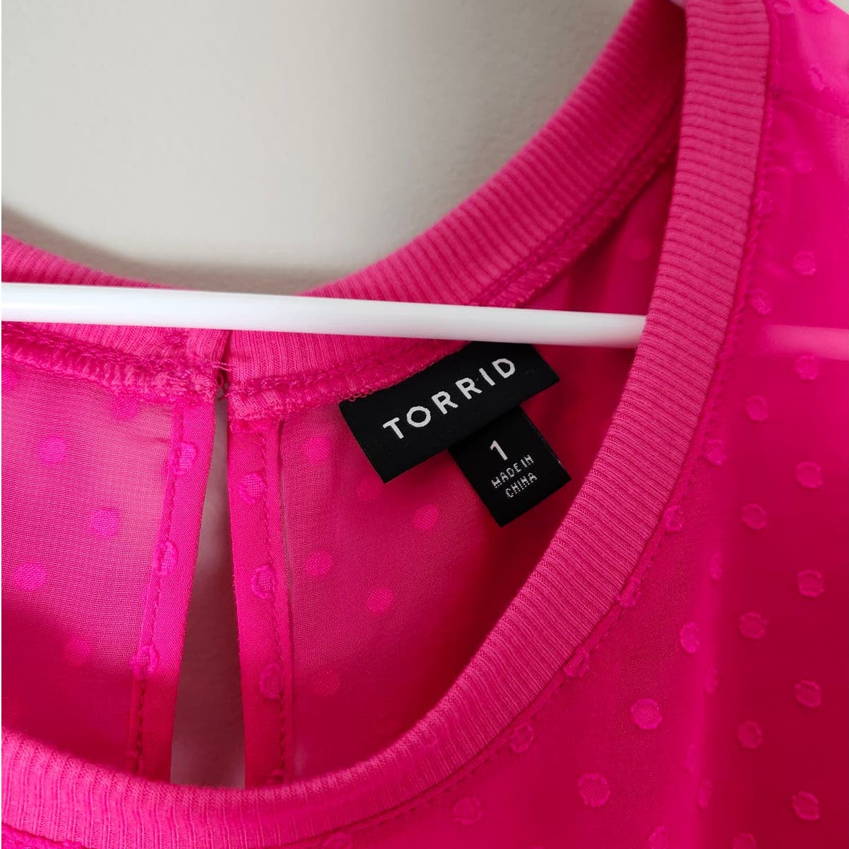 Torrid Blouse Plus Size 1X Hot Pink Clip Dot Chiffon Short Puff Sleeve Sheer