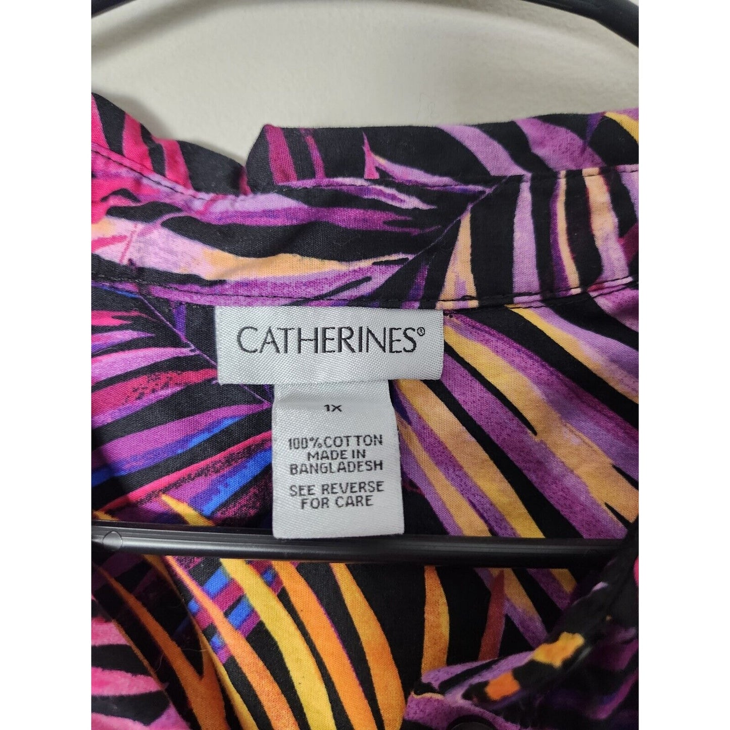 Catherines Button Front Top Plus Size 1X Purple Tropical Palm Print Sleeveless