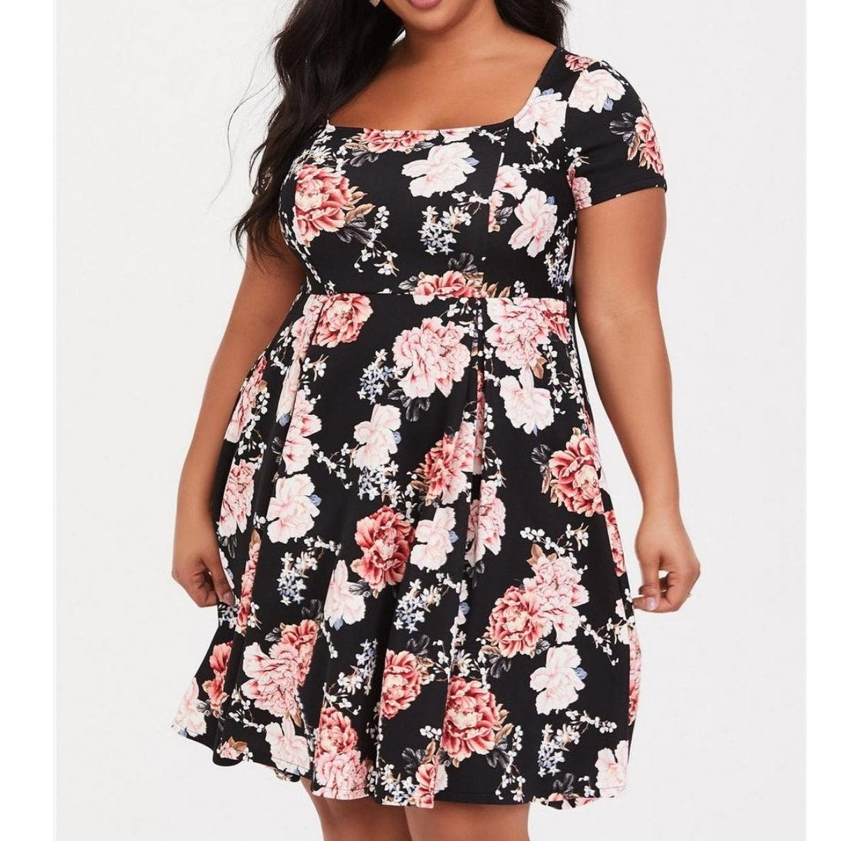 Torrid Skater Dress Plus Size 6X Short Sleeve Scuba Knit Black Pink Floral