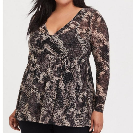 Torrid Babydoll Blouse Plus Size 1X Mesh Snake Print Gray Long Sleeve