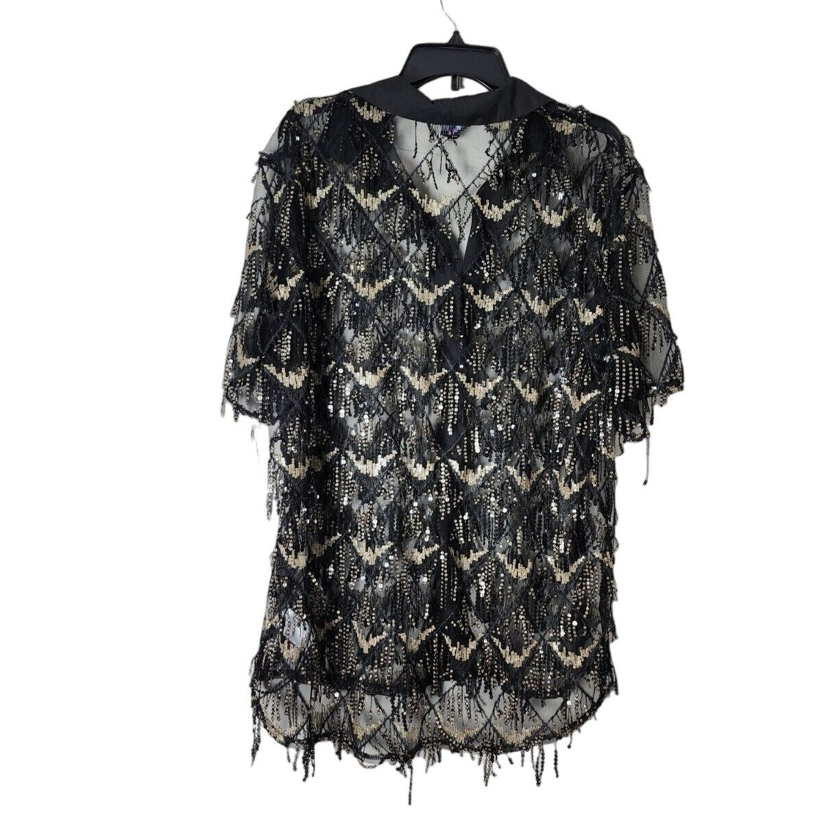 iHeartRaves Button Front Blouse Size 3X Black Gold Sheer Mesh Fringe Sequin