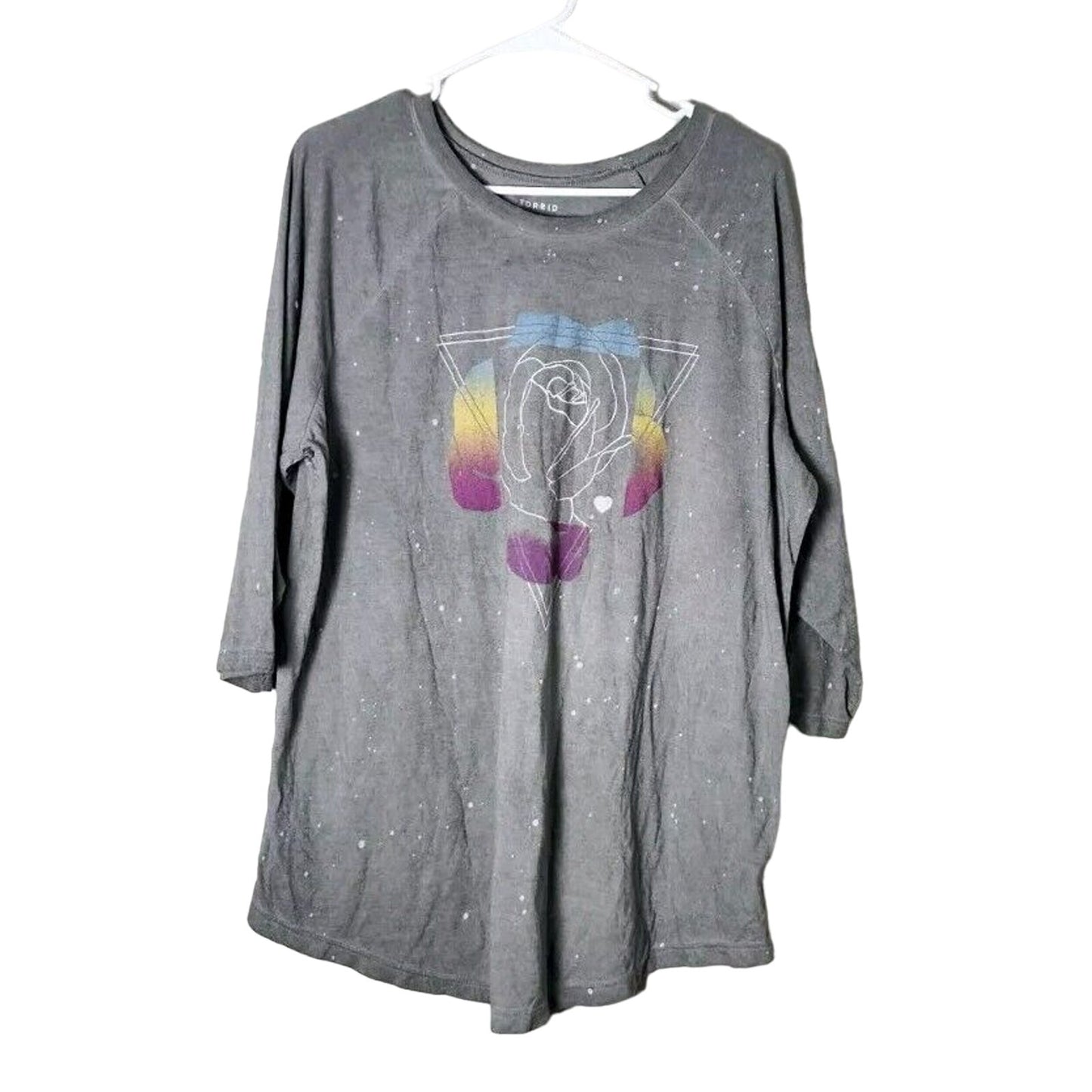 Torrid Raglan Tee T-Shirt Plus Size 2X Gray Rose 3/4 Sleeve Paint Splatter