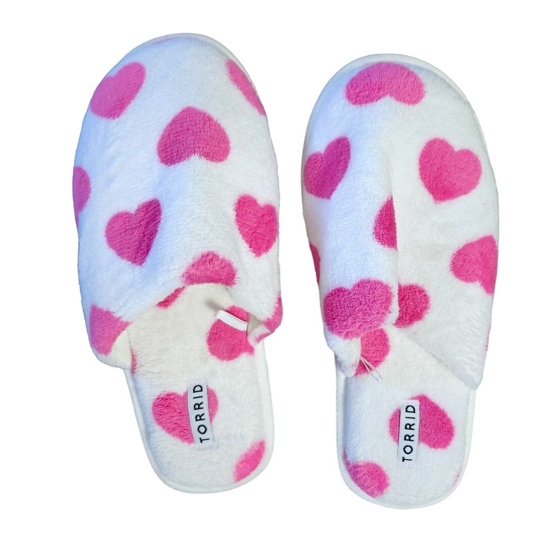 Torrid Heart Slippers Size 7.5w Soft Plush Closed Toe Faux Fur White Pink