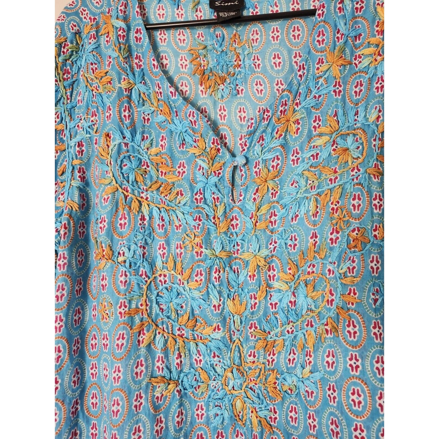 Simi Tunic Blouse Plus Size 2X Blue Floral V Neck Hand Embroidered Long