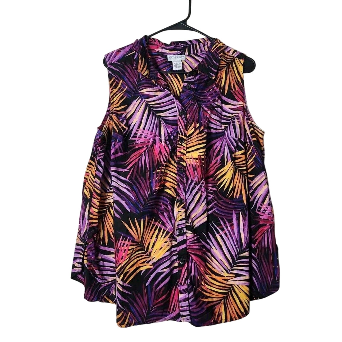 Catherines Button Front Top Plus Size 1X Purple Tropical Palm Print Sleeveless