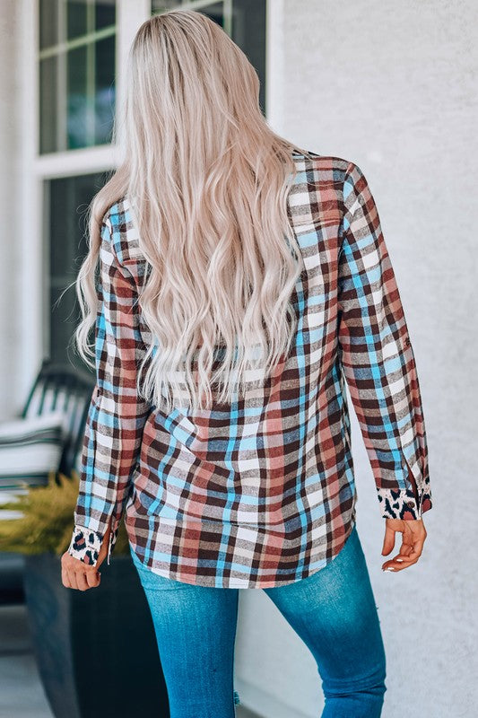 Multicolor Plaid Print Leopard Trim Shirt Jacket