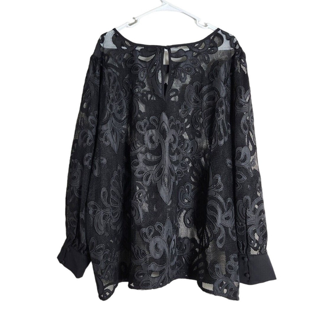 Torrid Blouse Top Plus Size 4X Black Lace Mesh Embroidered Long Sleeve