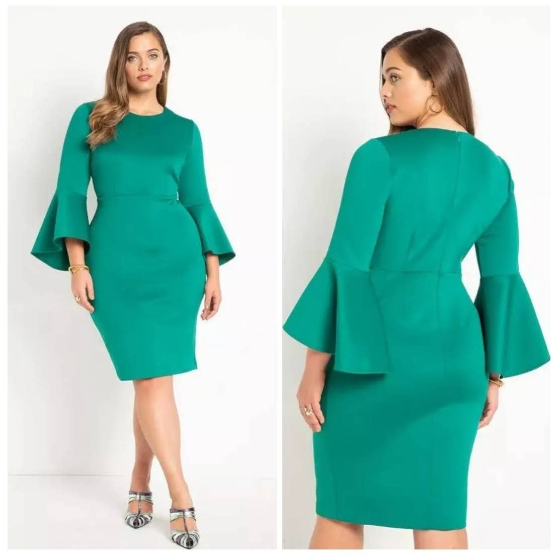 Eloquii Midi Dress Fit & Flare Bell Sleeve Green Scuba Knit Plus Size 16