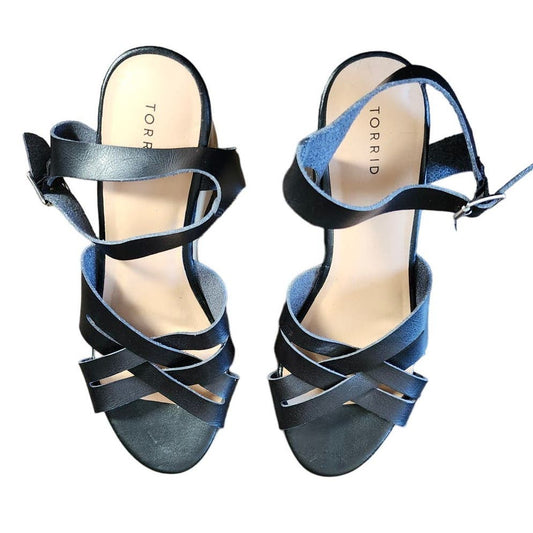 Torrid Platform Wedge Sandals Size 10.5w Black Wooden Strappy Heels