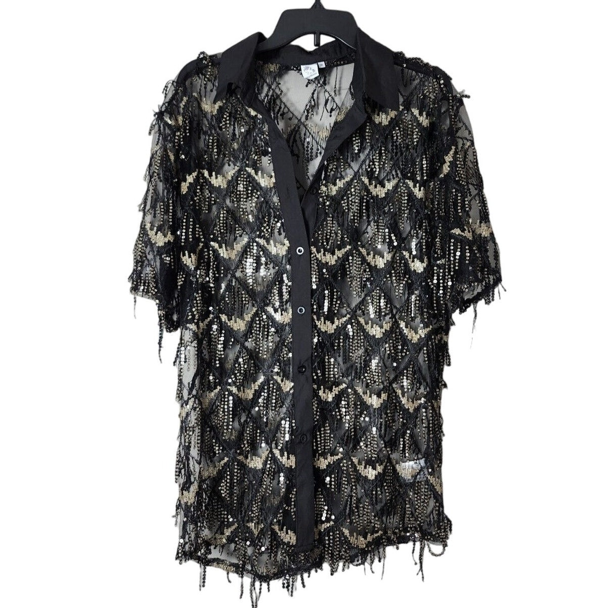 iHeartRaves Button Front Blouse Size 3X Black Gold Sheer Mesh Fringe Sequin