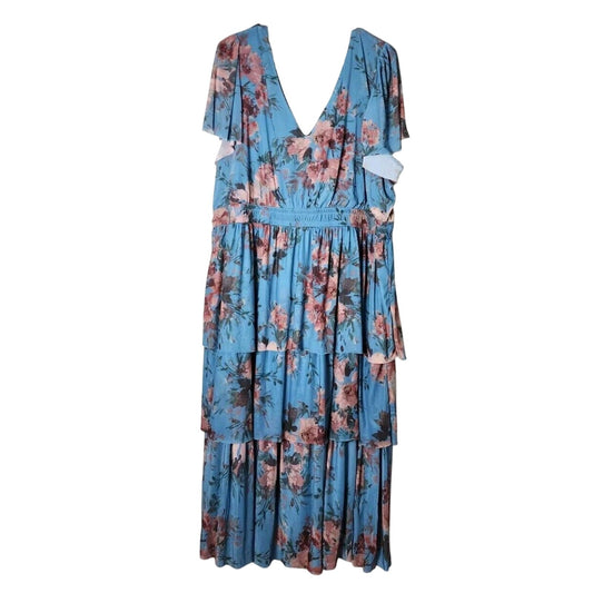 Maurices Midi Dress Plus Size 2X Blue Floral Tiered Ruffle Short Flutter Sleeve