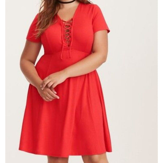 Torrid Mini Skater Dress Plus Size 1X Red Lace Up Short Sleeve Fit & Flare