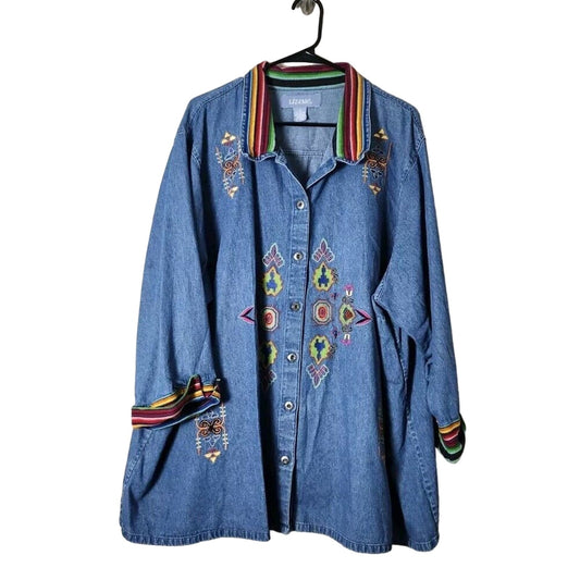 Liz & Me Denim Shirt Jacket Plus Size 4X Embroidered Southwest Aztec Colorful