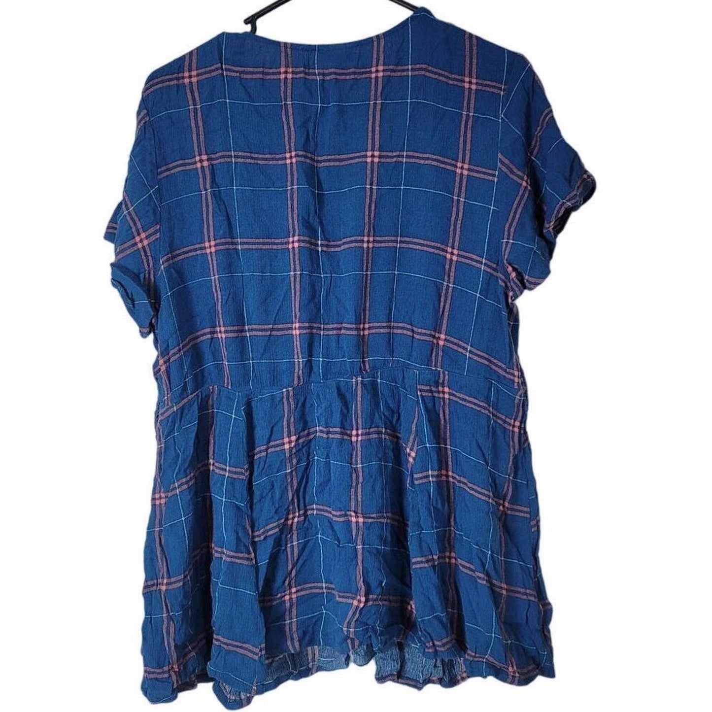 Torrid Babydoll Blouse Plus Size 0X Crinkle Gauze Crochet Lace-Up Blue Plaid