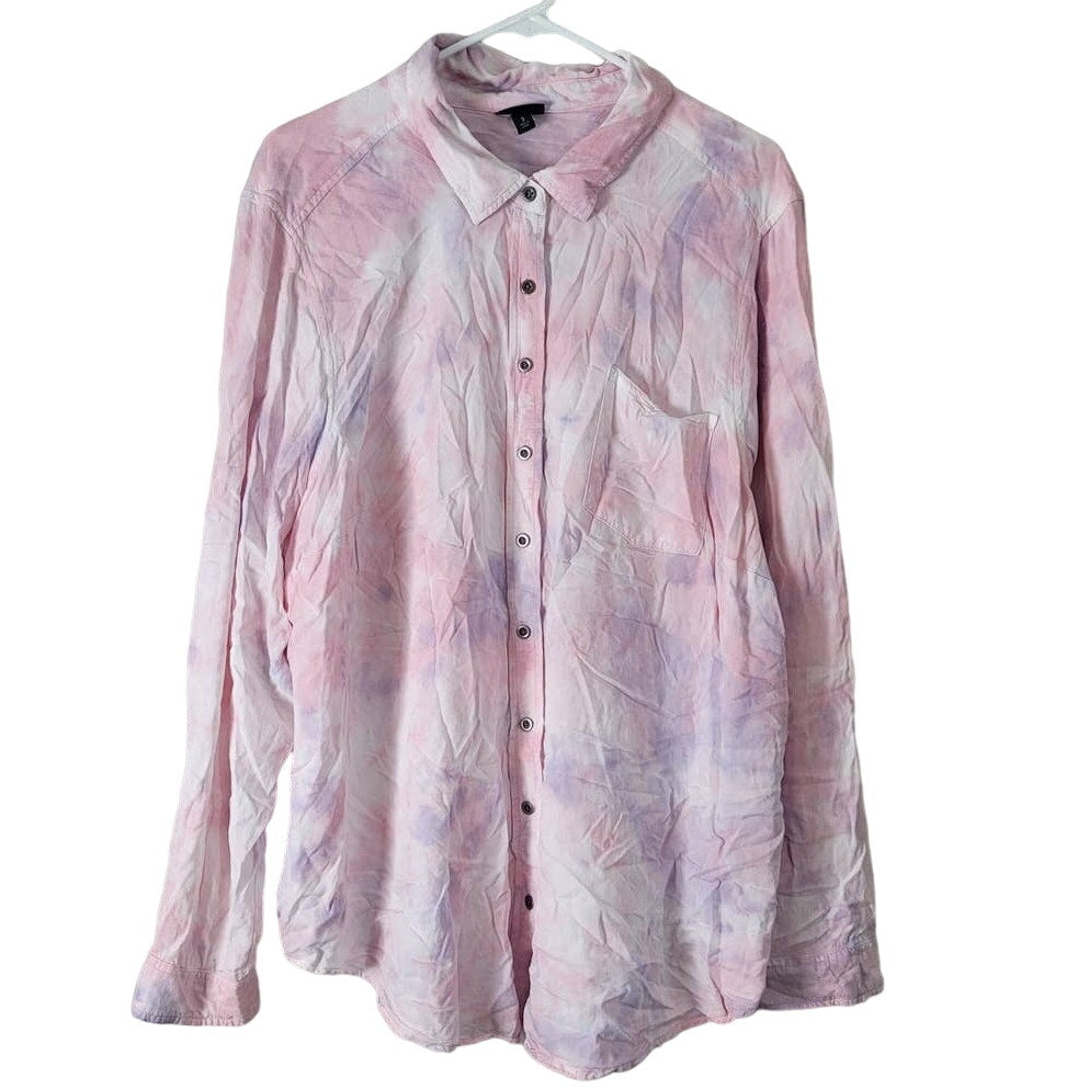 Torrid Blouse Plus Size 3X Button-Up Long Sleeve Pink Purple Tie Dye