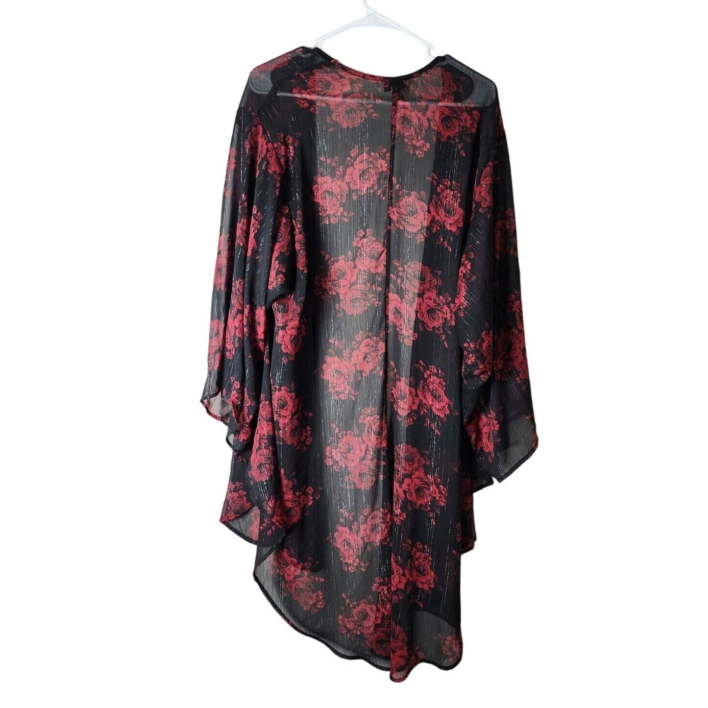 Torrid Kimono Plus Size 1X/ 2X Floral Black Red Shirttail Flowy Metallic Shimmer