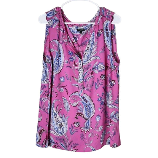 Talbots Blouse Top Plus Size 1X Sleeveless Pink Blue Paisley Crochet Button