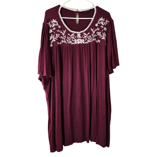 BloomChic Blouse Plus Size 28 Burgundy White Embroidered Floral Short Sleeve