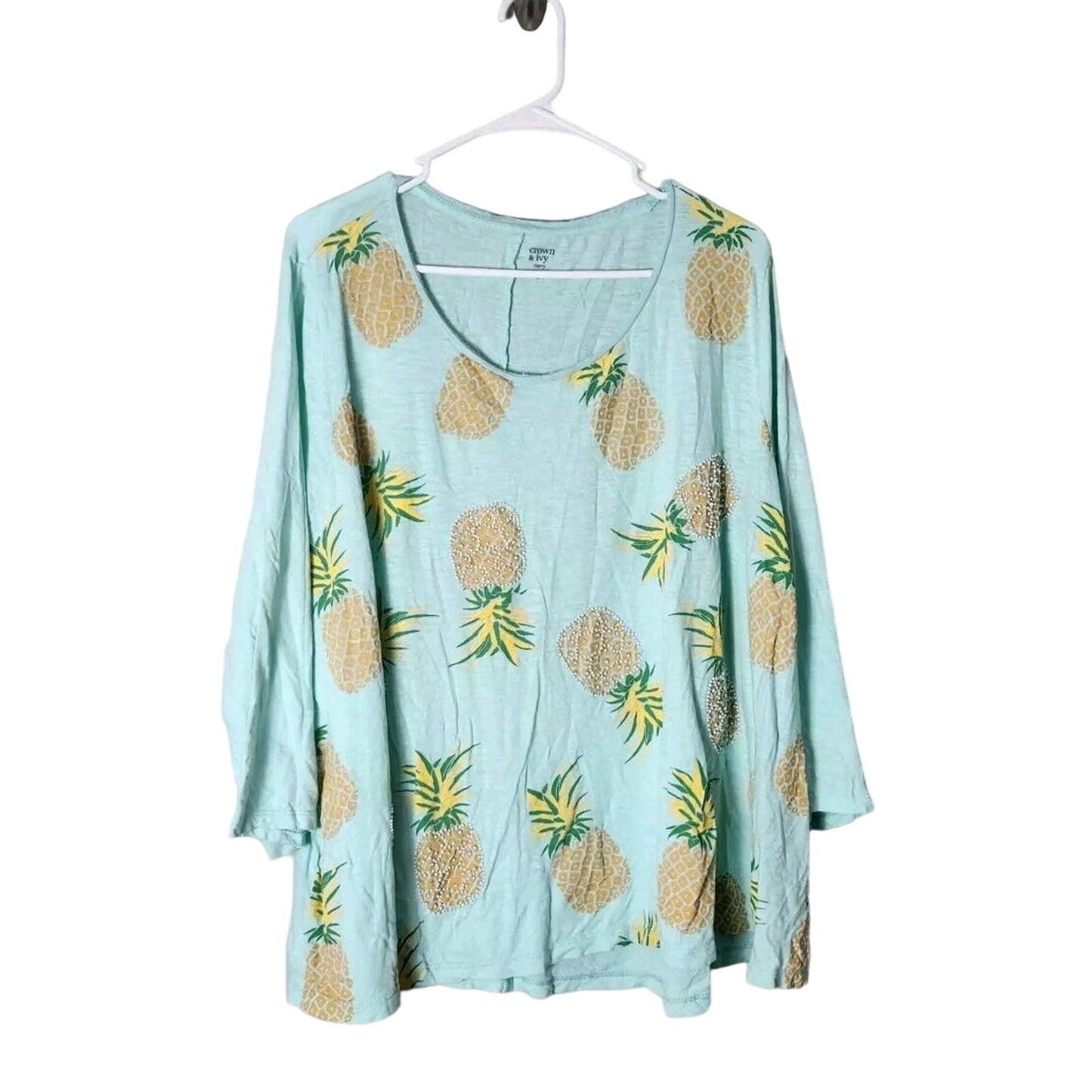 Crown & Ivy T-Shirt Top Plus Size 2X Pineapple Aqua Blue 3/4 Sleeve Beaded