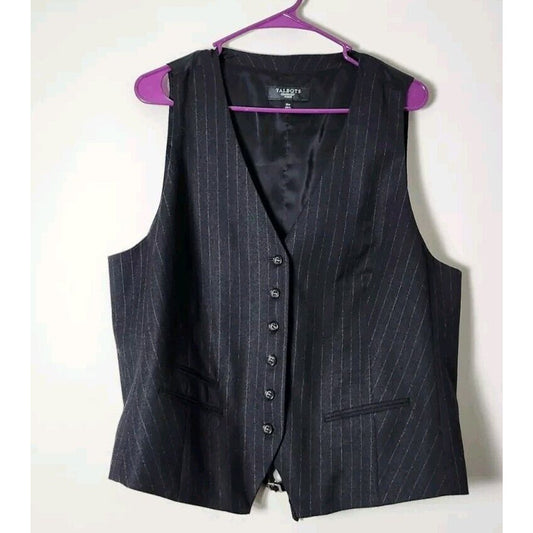 Talbots Wool Blend Vest Plus Size 18W Button Down Pinstripes Black