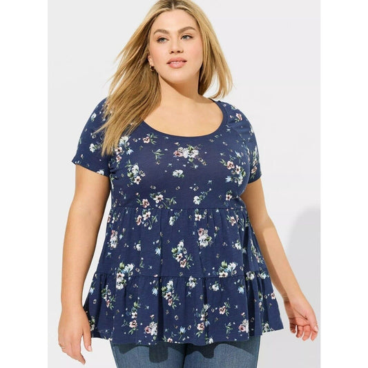 Torrid Babydoll Blouse Plus Size 3X Slub Scoop Neck Tiered Blue Floral