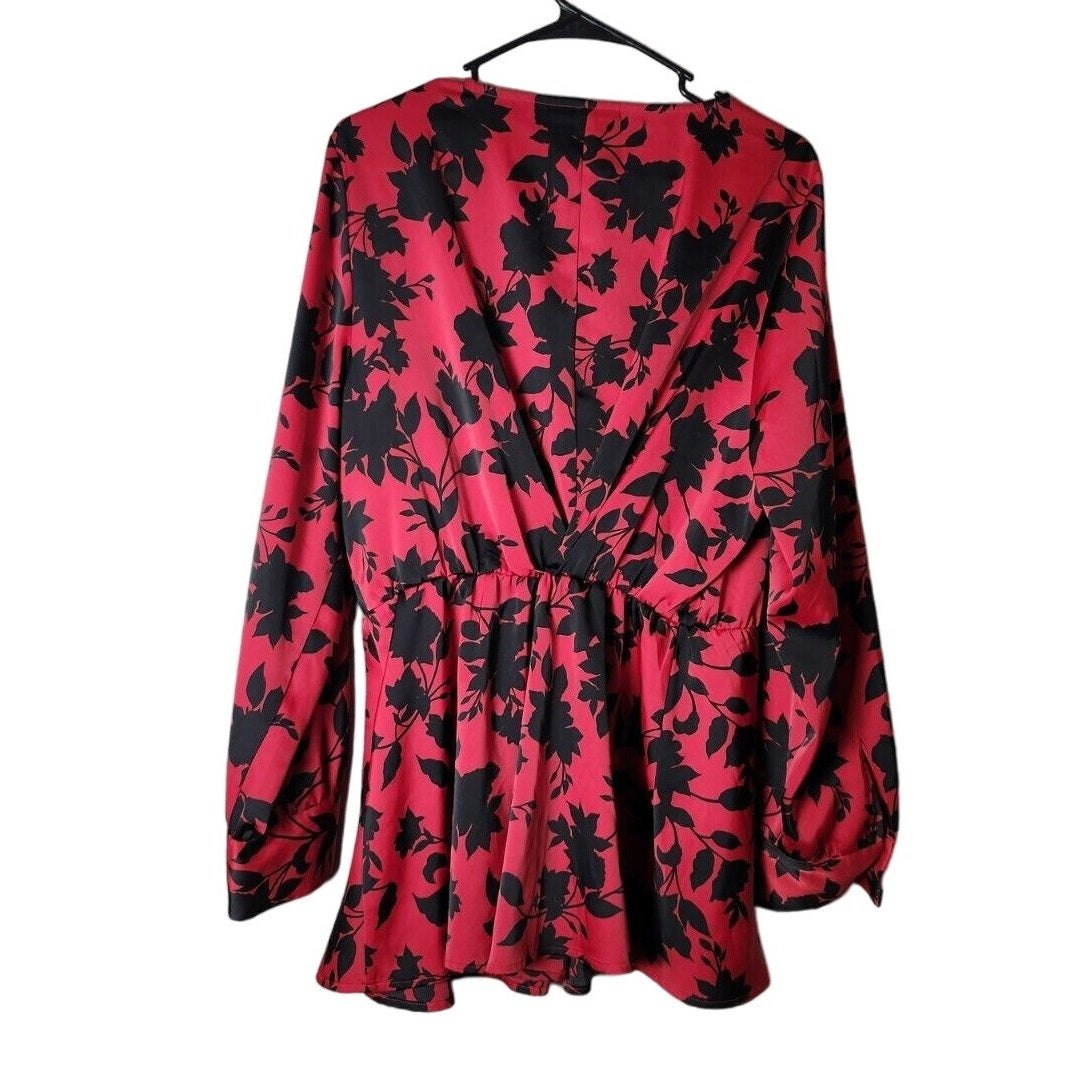 Lane Bryant Blouse Plus Size 16 Long Sleeve Floral Red Black Satin Peplum