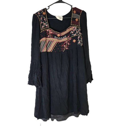 Savanna Jane Dress Black Embroidered Knee Length Boho Long Bell Sleeve Large