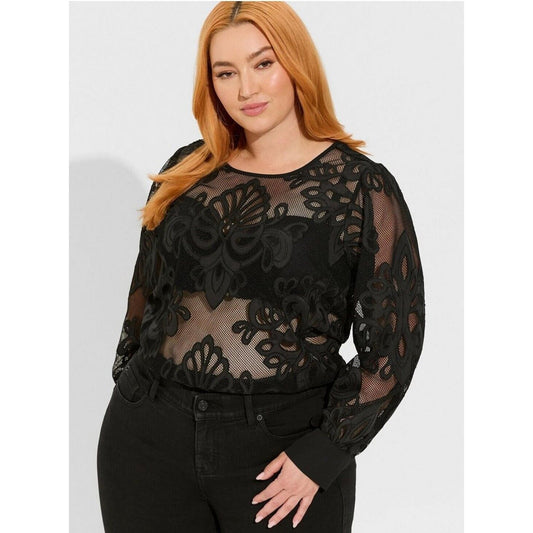 Torrid Blouse Top Plus Size 4X Black Lace Mesh Embroidered Long Sleeve