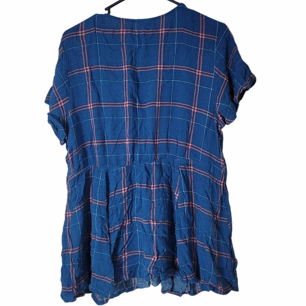 Torrid Babydoll Blouse Plus Size 1/1X Crinkle Gauze Crochet Lace-Up Blue Plaid