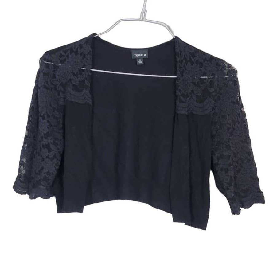 Torrid Crochet Shrug Cropped Cardigan Cover Up Open Front Black Lace Size 2X