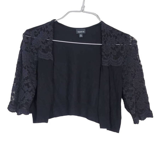 Torrid Crochet Shrug Cropped Cardigan Cover Up Open Front Black Lace Size 2X