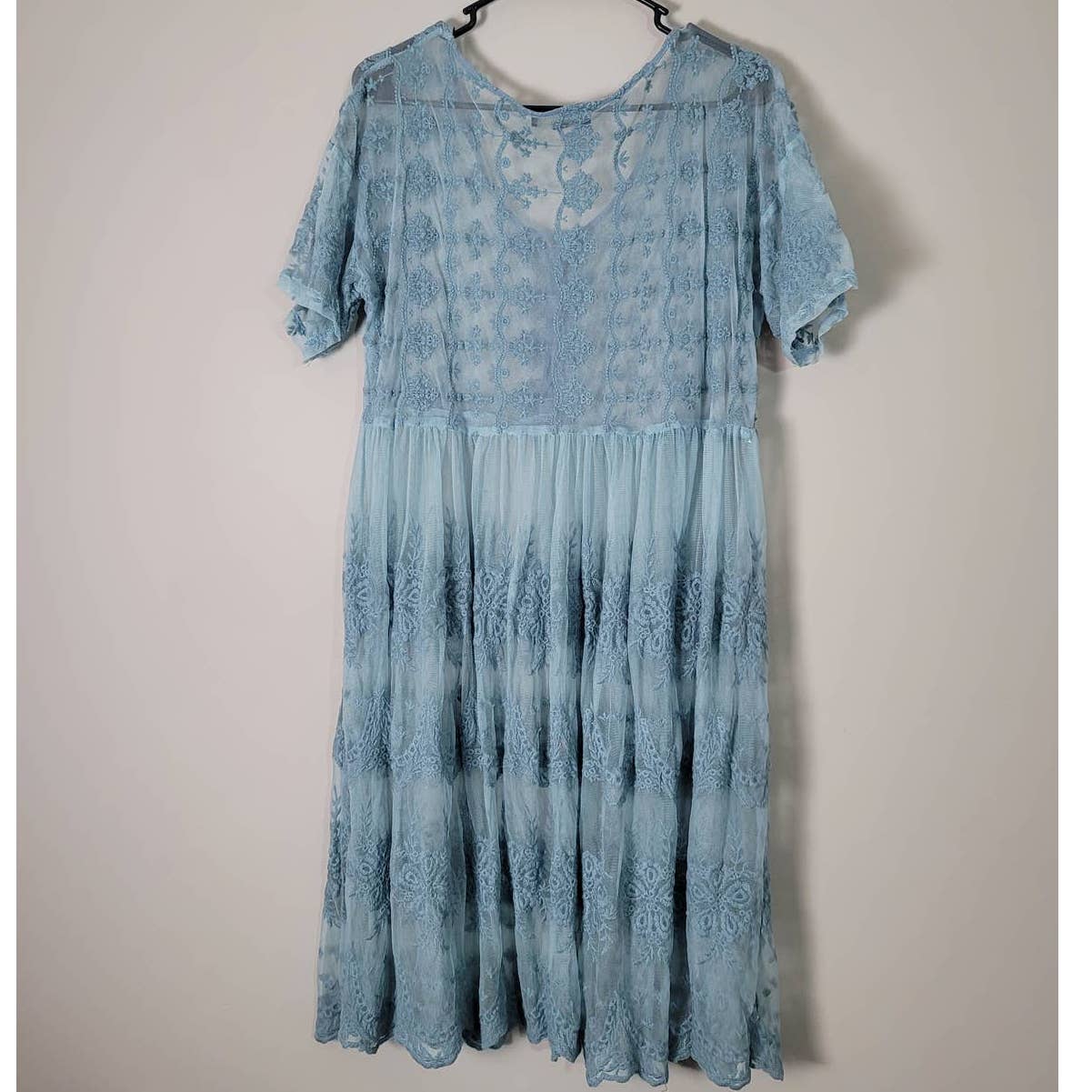 Suzanne Betro Lace Dress Light Blue Sheer Button Front Plus Size 1X