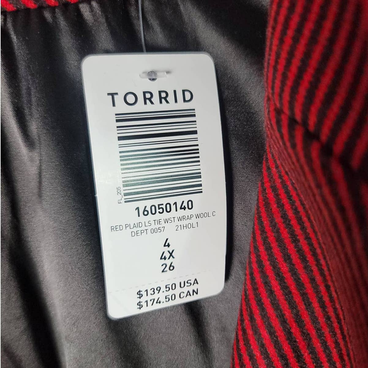 Torrid Peacoat Jacket Buffalo Plaid Long Line Self Tie Plus Size 4/4X