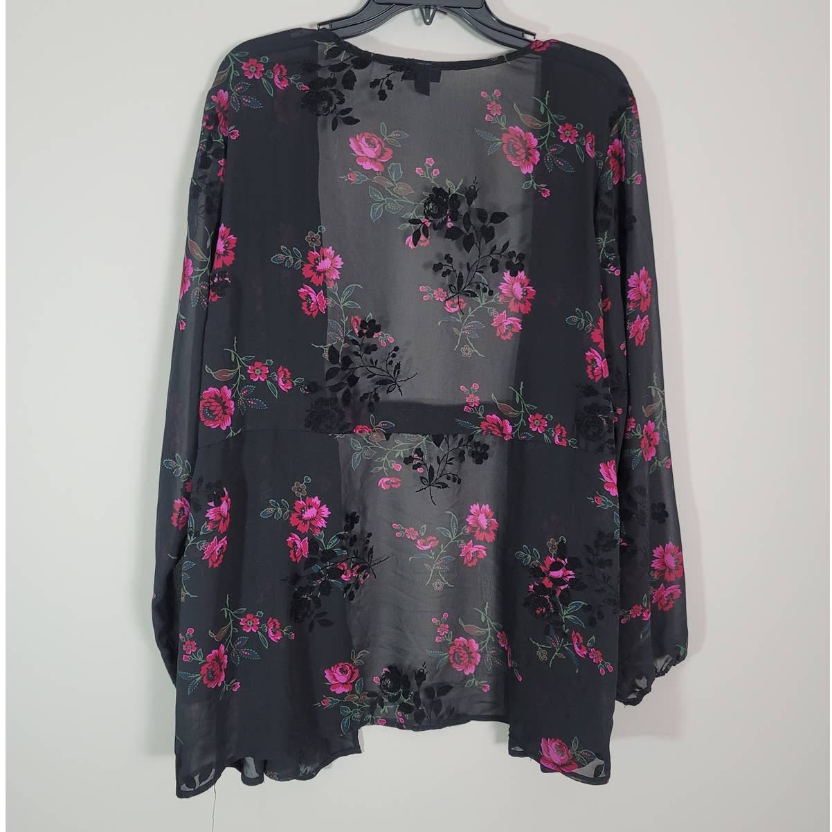 Torrid Tie Front Blouse Chiffon Black Floral Sheer Long Sleeve Size 2/2X