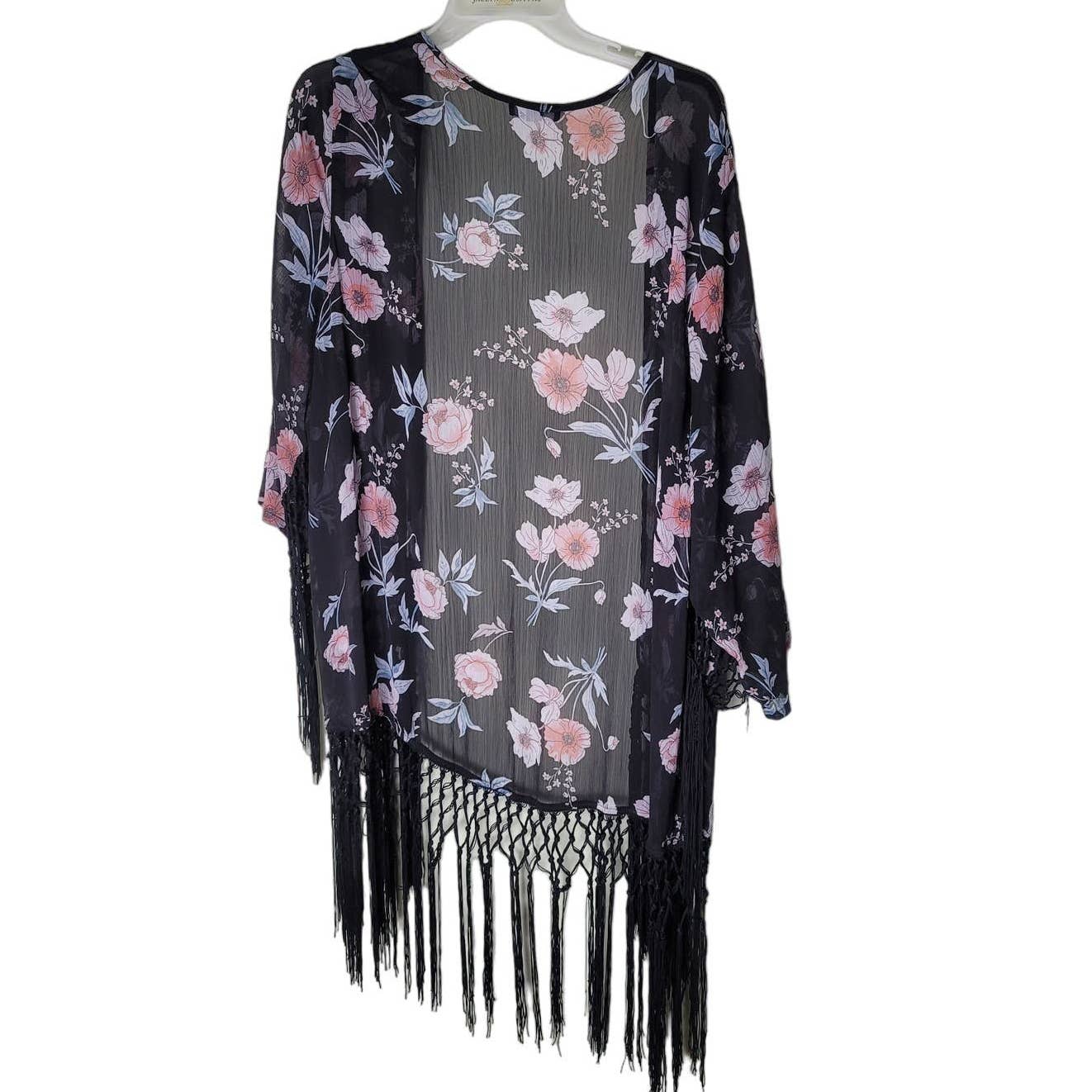 Torrid Chiffon Kimono Black Floral Print Fringe Open Sheer Plus Size 1X 2X