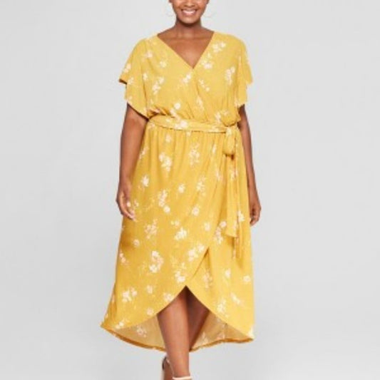 Ava & Viv Size 4X Mustard Yellow Floral Surplice Neck High Low Wrap Dress