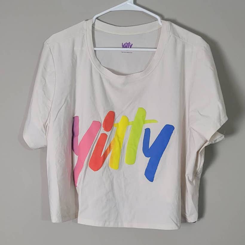 Yitty Fabletics Athletic Crop Top Colorful Rainbow Spell Out White Plus Size 3X