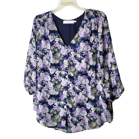 ASTR The Label Blouse Blue Floral Button Up 3/4 Sleeve Plus Size 1X