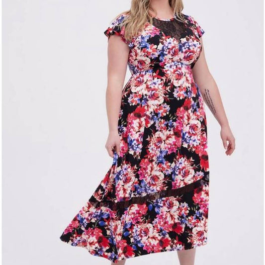 TORRID Asymmetrical Midi Dress Floral Lace Inset Pink & Black Plus Size 1X