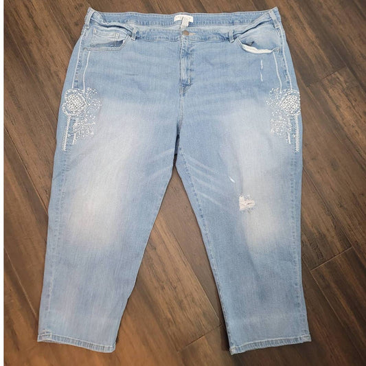 Lane Bryant Cropped Jeans Pearl Rhinestone Stretch Girlfriend Mid Rise Size 28