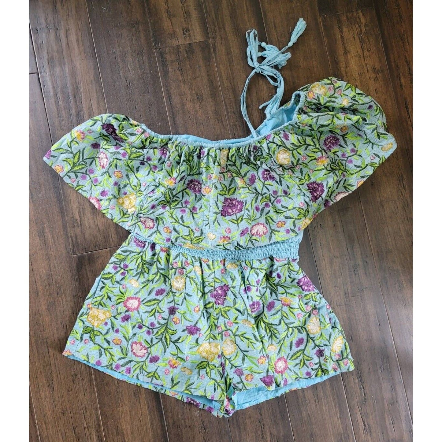 Anthropologie La Fuori Romper Allover Embroidered Blue Tryst Floral Size XL