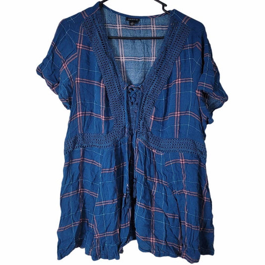 Torrid Babydoll Blouse Plus Size 1/1X Crinkle Gauze Crochet Lace-Up Blue Plaid