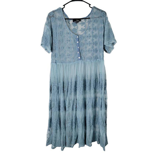 Suzanne Betro Lace Dress Light Blue Sheer Button Front Plus Size 1X