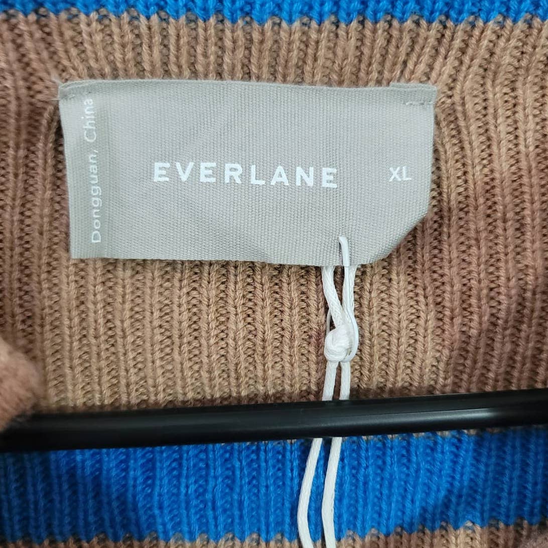 Everlane Lace-Up Smock Sweater Knit Chestnut Blue Striped Size XL NWT
